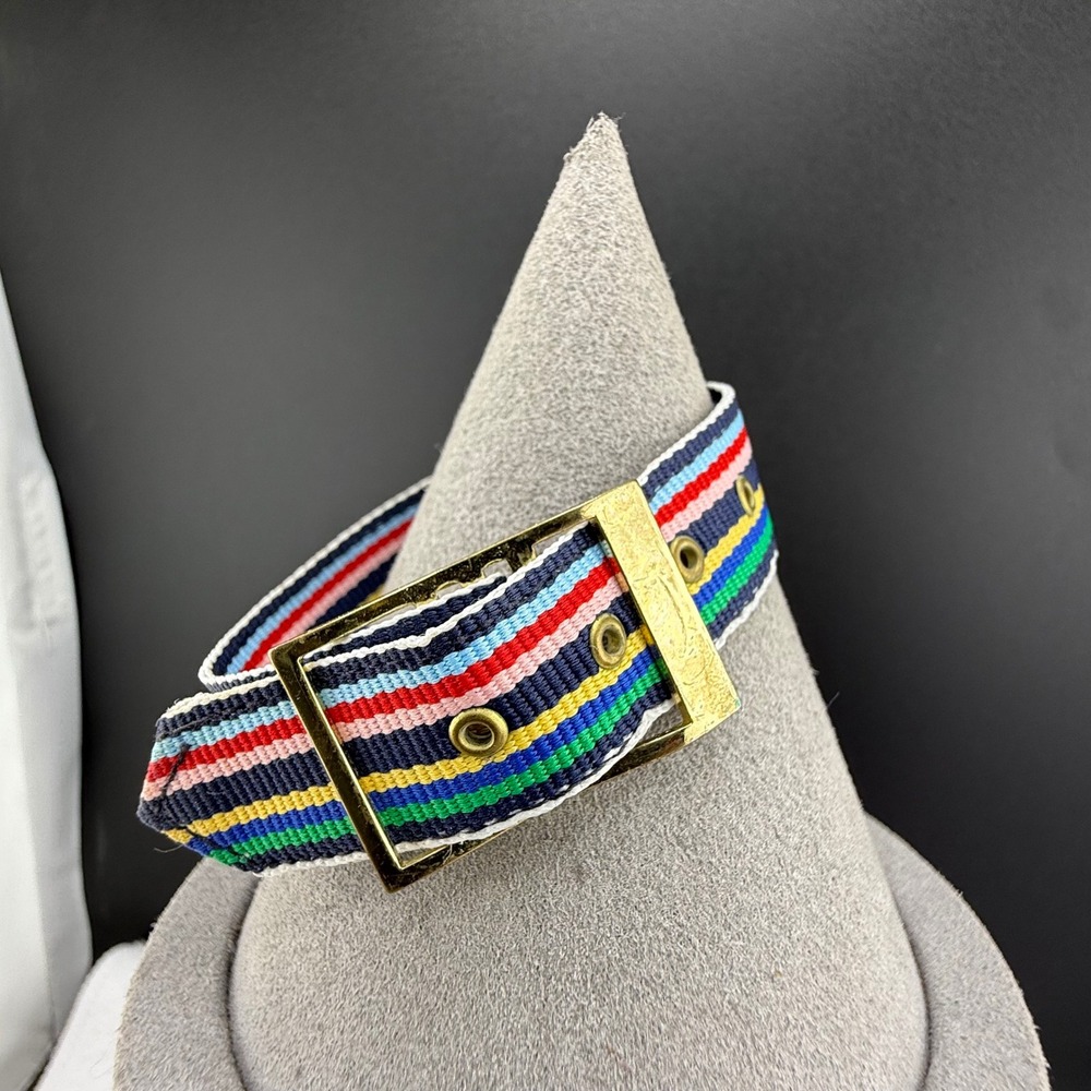 Vintage Striped Fabric Belt Bracelet 70s Gold Tone Buckle Preppy 7"